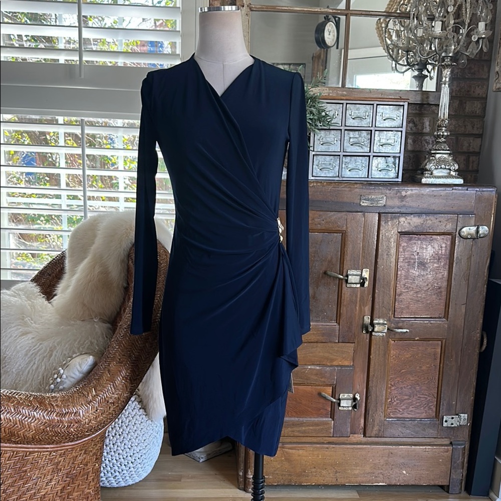 JOSEPH RIBKOFF LUXURY NAVY FAUX WRAP DRESS 8 NEW 153009